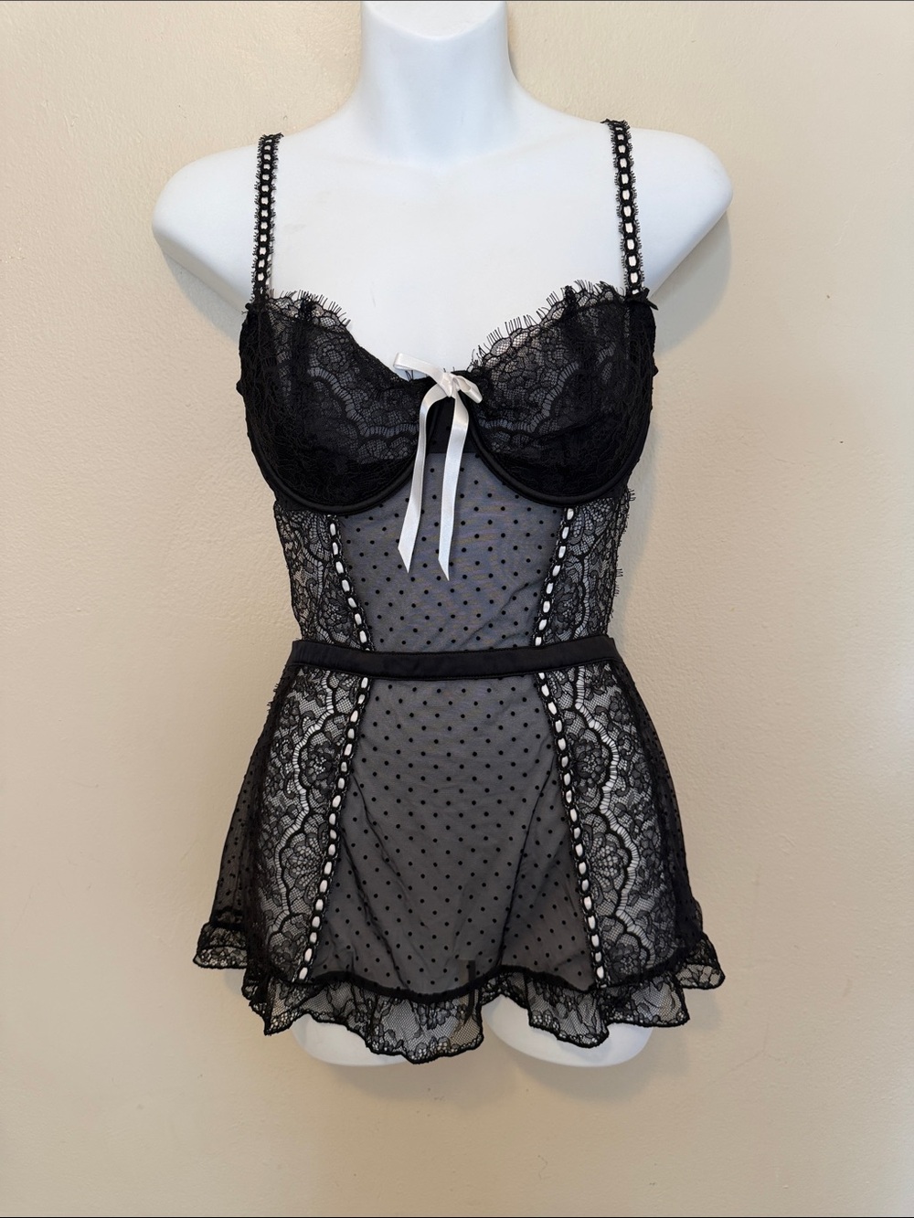 Victoria's Secret Black Sheer Lace Polka Dot Babydoll Chemise with Ribbon